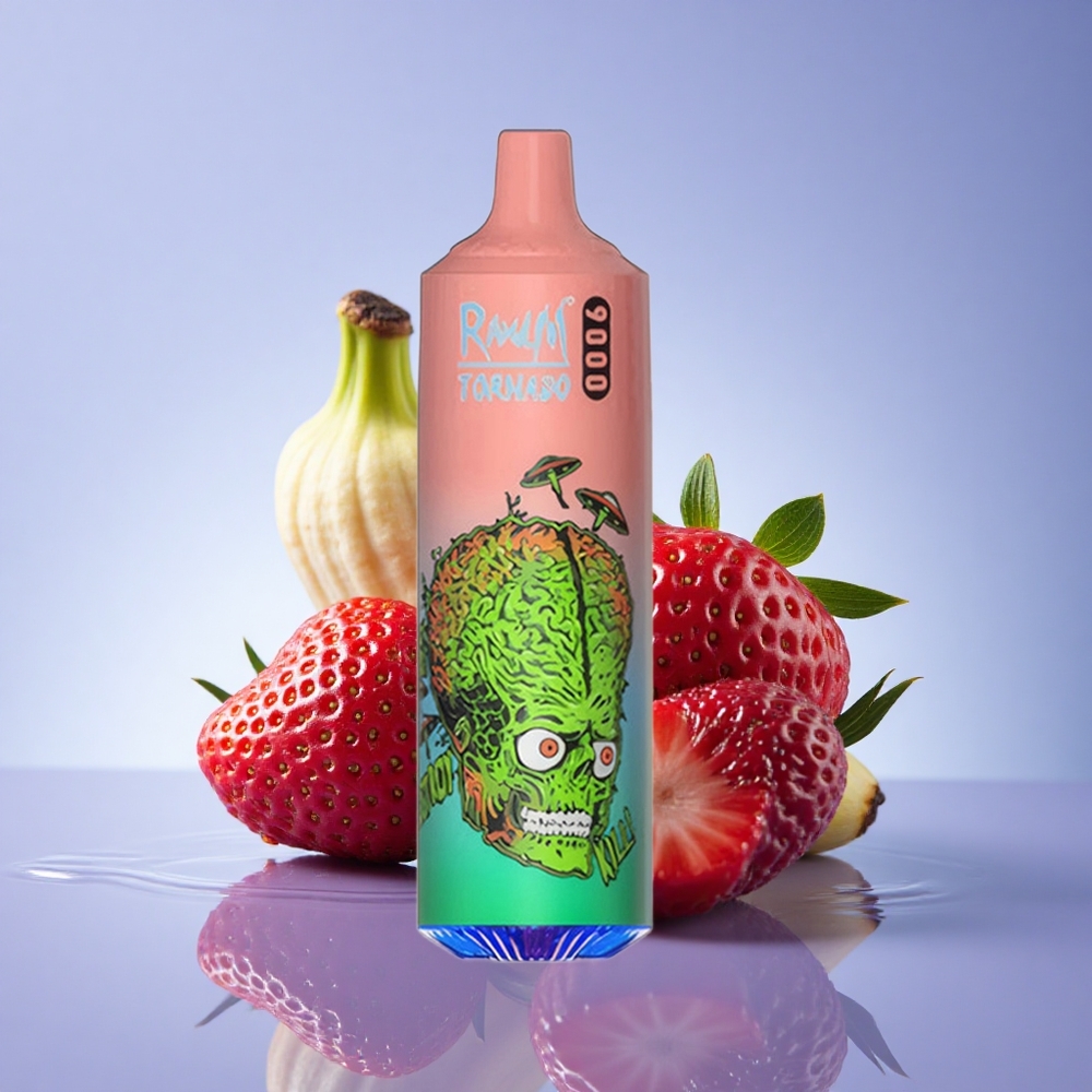 RandM Fumot Tornado 9000 Puffs Jagoda Banana 850 mAh 18 mL Mrežasta Tuljava