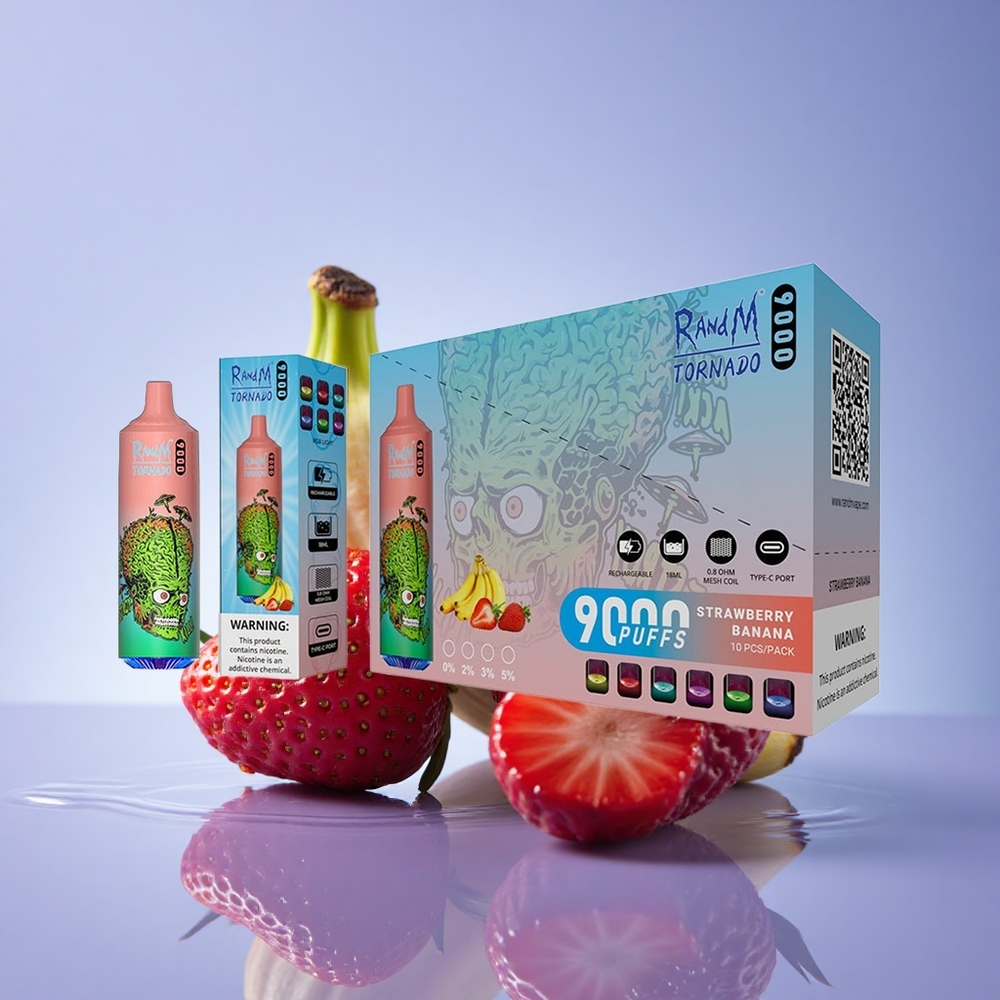 RandM Fumot Tornado 9000 Puffs Jagoda Banana 850 mAh 18 mL Mrežasta Tuljava