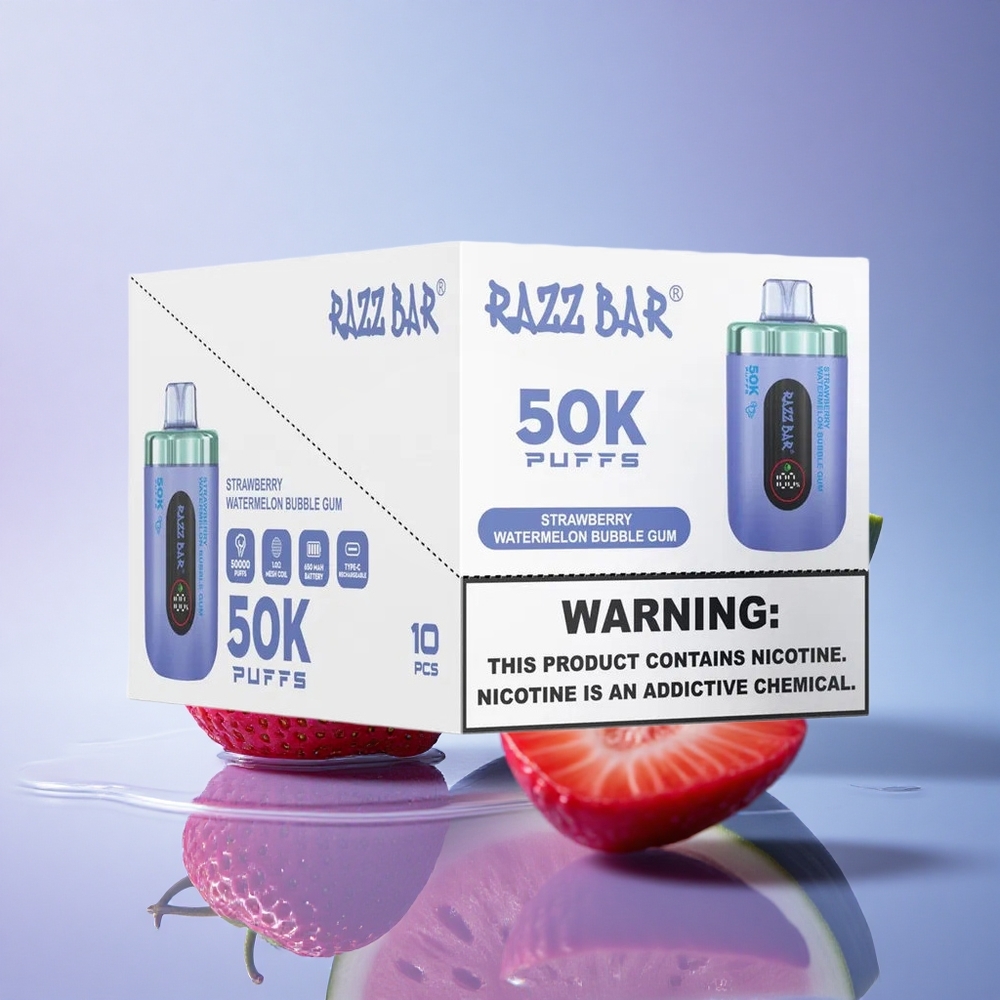 Razz Bar 50K Puffs Jagoda Lubenica Mehurčkasta Guma z 2% Nikotina in 650 mAh Baterijo
